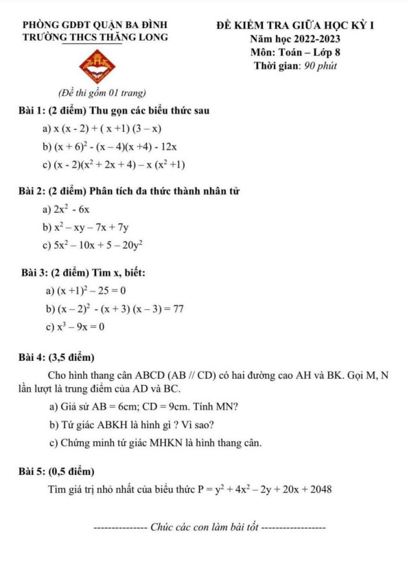Đề thi giữa học kì 1 (HK1) lớp 8 môn Toán năm 2022 2023 trường THCS Thăng Long Hà Nội