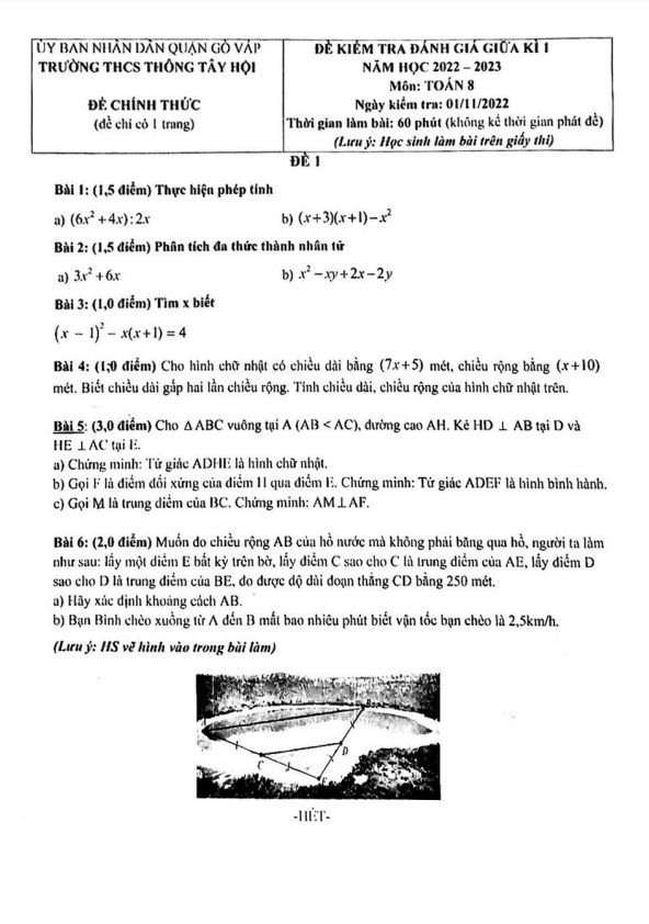 Đề thi giữa học kì 1 (HK1) lớp 8 môn Toán năm 2022 2023 trường THCS Thông Tây Hội TP HCM