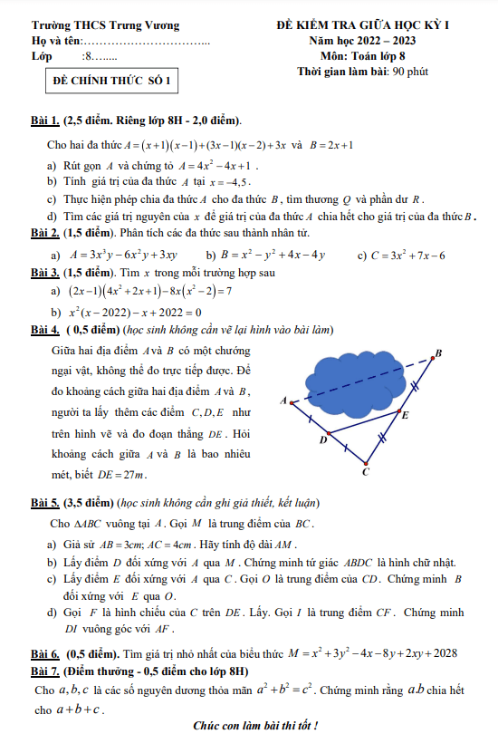 Đề thi giữa học kì 1 (HK1) lớp 8 môn Toán năm 2022 2023 trường THCS Trưng Vương Hà Nội
