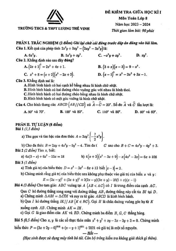 Đề thi giữa học kì 1 (HK1) lớp 8 môn Toán năm 2023 2024 trường Lương Thế Vinh Hà Nội