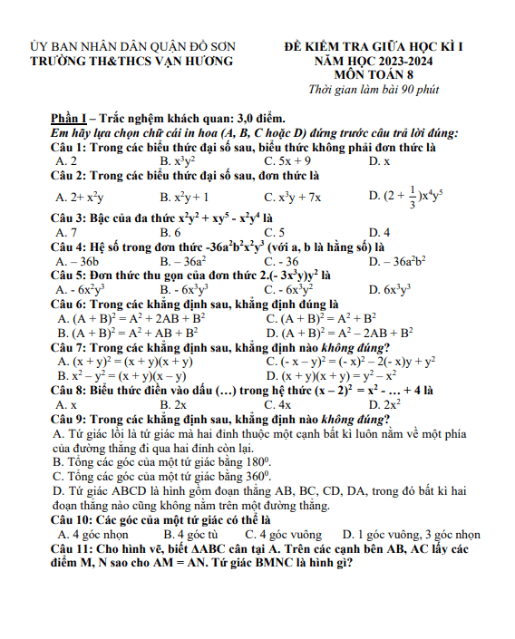 Đề thi giữa học kì 1 (HK1) lớp 8 môn Toán năm 2023 2024 trường TH THCS Vạn Hương Hải Phòng