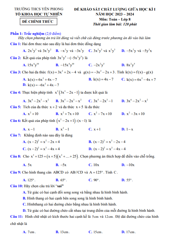 Đề thi giữa học kì 1 (HK1) lớp 8 môn Toán năm 2023 2024 trường THCS Yên Phong Nam Định