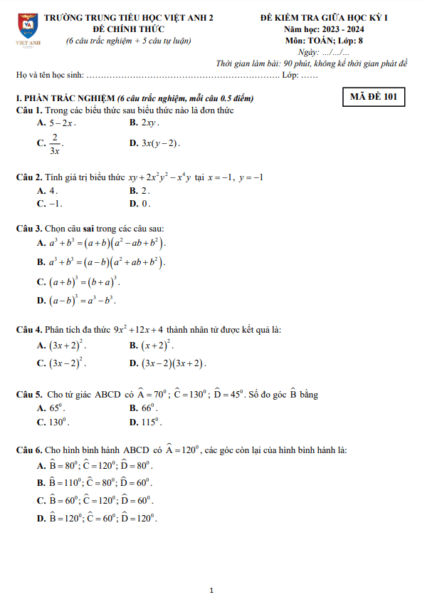 Đề thi giữa học kì 1 (HK1) lớp 8 môn Toán năm 2023 2024 trường Việt Anh 2 Bình Dương