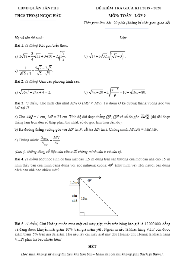 Đề thi giữa học kì 1 (HK1) lớp 9 môn Toán năm 2019 2020 trường Thoại Ngọc Hầu TP HCM