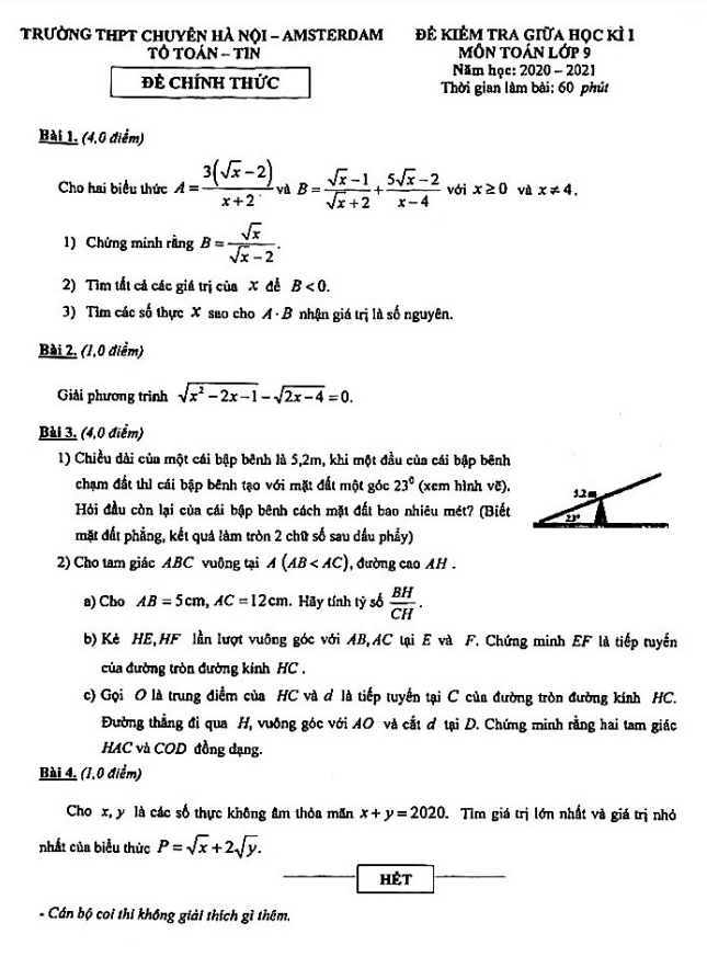 Đề thi giữa học kì 1 (HK1) lớp 9 môn Toán năm 2020 2021 trường chuyên Hà Nội Amsterdam