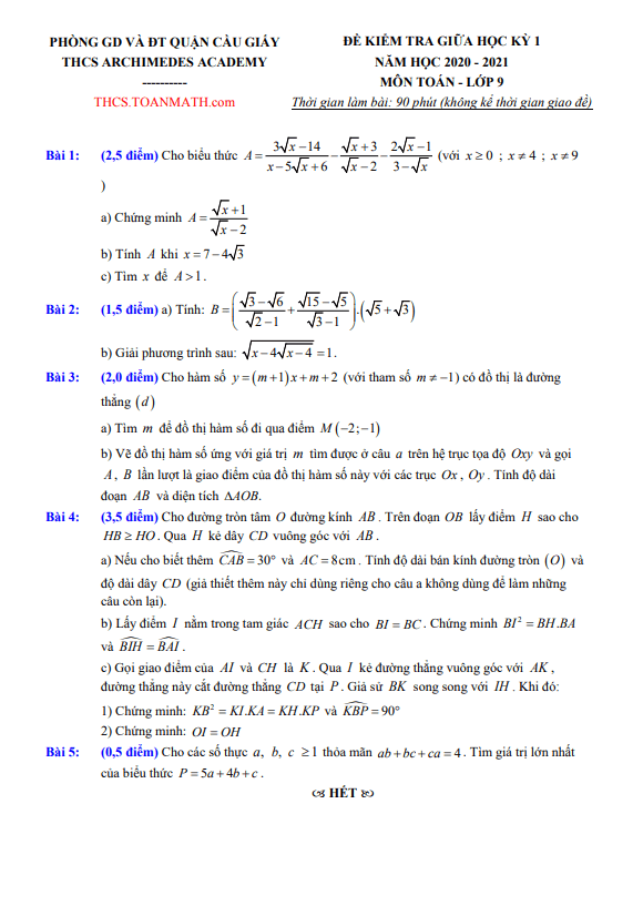 Đề thi giữa học kì 1 (HK1) lớp 9 môn Toán năm 2020 2021 trường THCS Archimedes Academy Hà Nội