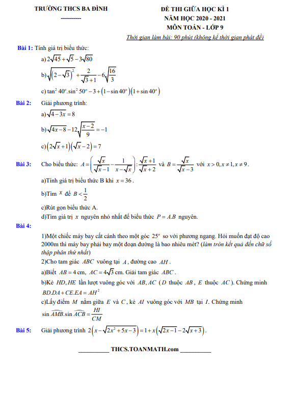 Đề thi giữa học kì 1 (HK1) lớp 9 môn Toán năm 2020 2021 trường THCS Ba Đình Hà Nội