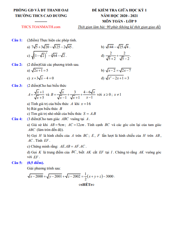 Đề thi giữa học kì 1 (HK1) lớp 9 môn Toán năm 2020 2021 trường THCS Cao Dương Hà Nội