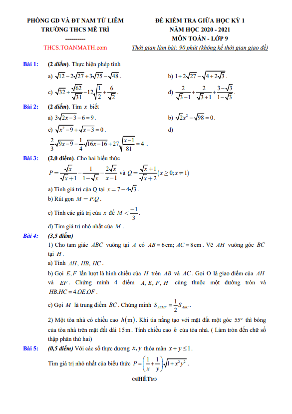 Đề thi giữa học kì 1 (HK1) lớp 9 môn Toán năm 2020 2021 trường THCS Mễ Trì Hà Nội