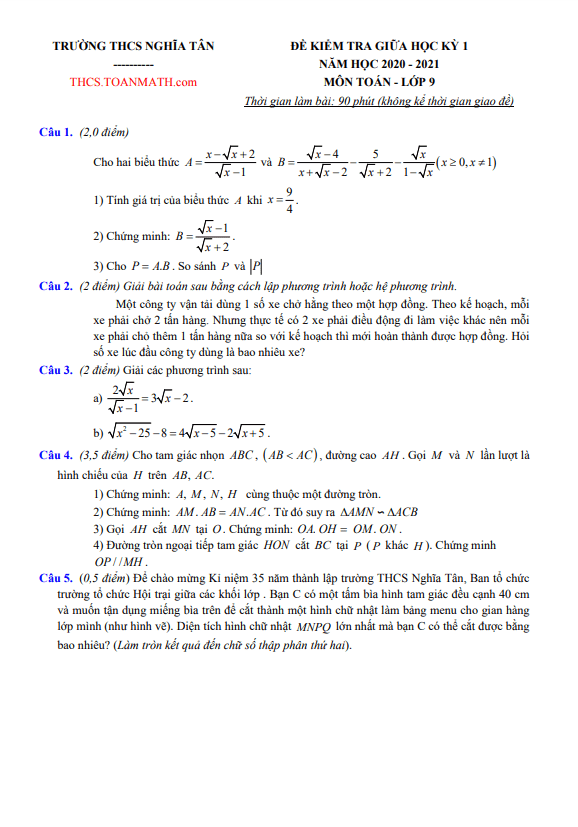 Đề thi giữa học kì 1 (HK1) lớp 9 môn Toán năm 2020 2021 trường THCS Nghĩa Tân Hà Nội