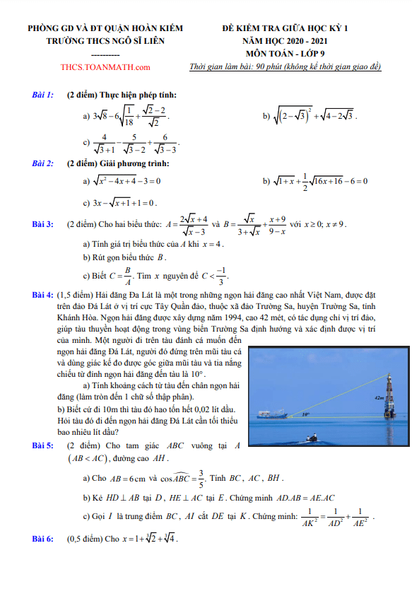 Đề thi giữa học kì 1 (HK1) lớp 9 môn Toán năm 2020 2021 trường THCS Ngô Sĩ Liên Hà Nội