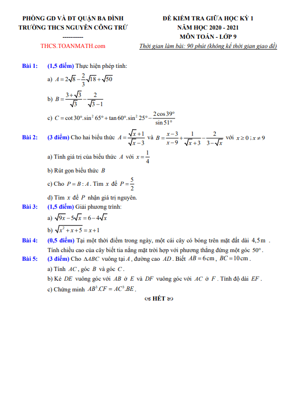 Đề thi giữa học kì 1 (HK1) lớp 9 môn Toán năm 2020 2021 trường THCS Nguyễn Công Trứ Hà Nội