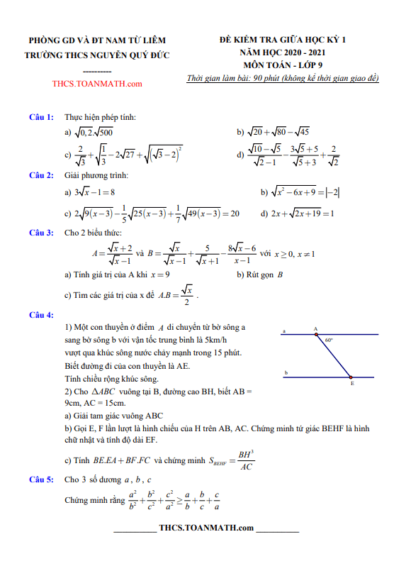 Đề thi giữa học kì 1 (HK1) lớp 9 môn Toán năm 2020 2021 trường THCS Nguyễn Quý Đức Hà Nội