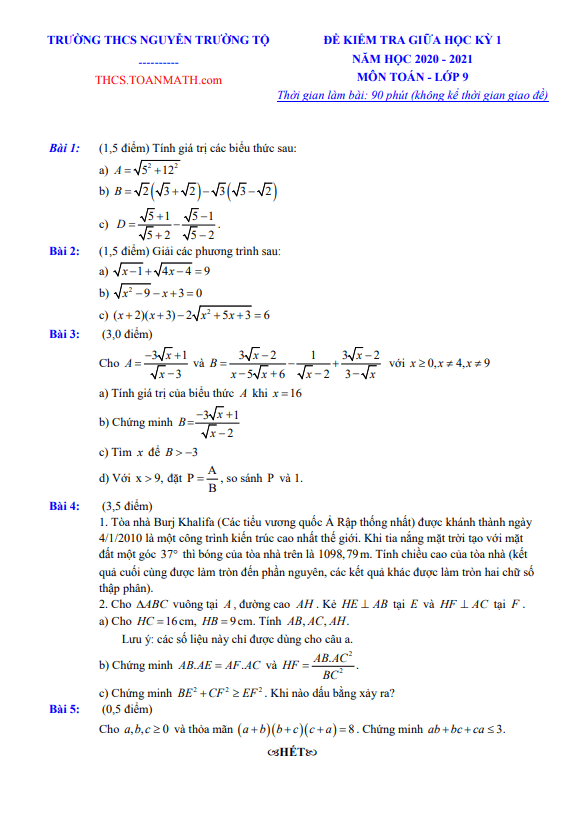 Đề thi giữa học kì 1 (HK1) lớp 9 môn Toán năm 2020 2021 trường THCS Nguyễn Trường Tộ Hà Nội