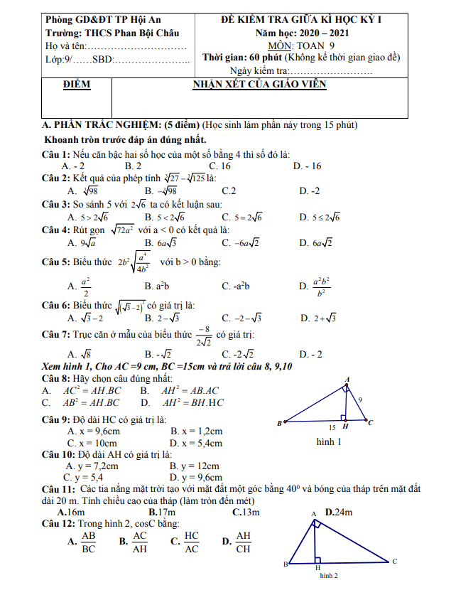 Đề thi giữa học kì 1 (HK1) lớp 9 môn Toán năm 2020 2021 trường THCS Phan Bội Châu Quảng Nam