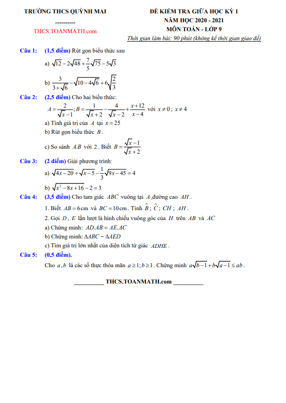 Đề thi giữa học kì 1 (HK1) lớp 9 môn Toán năm 2020 2021 trường THCS Quỳnh Mai Hà Nội