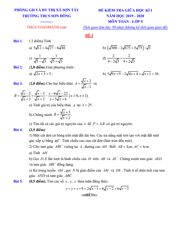 Đề thi giữa học kì 1 (HK1) lớp 9 môn Toán năm 2020 2021 trường THCS Sơn Đông Hà Nội