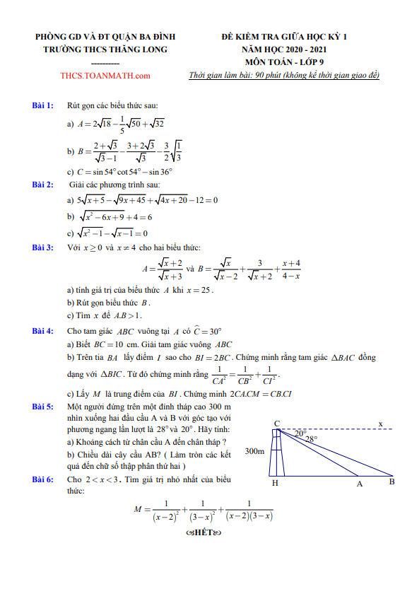 Đề thi giữa học kì 1 (HK1) lớp 9 môn Toán năm 2020 2021 trường THCS Thăng Long Hà Nội