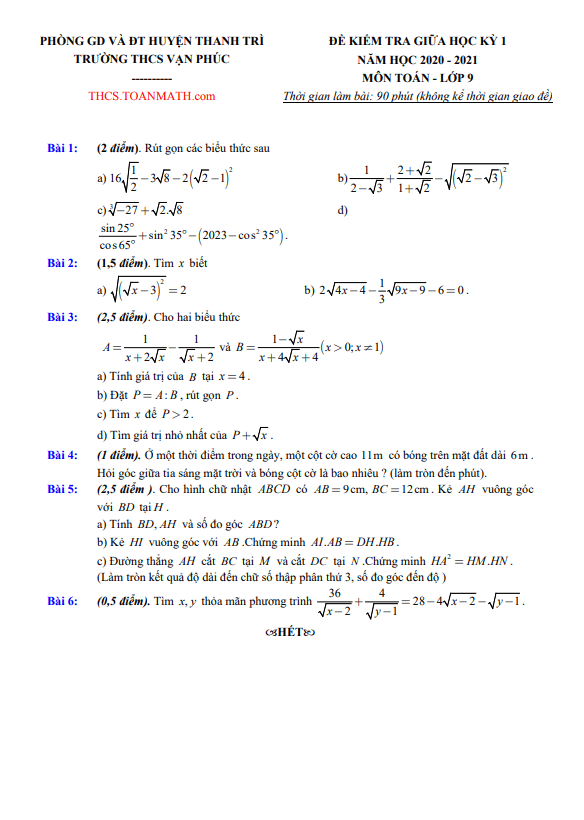 Đề thi giữa học kì 1 (HK1) lớp 9 môn Toán năm 2020 2021 trường THCS Vạn Phúc Hà Nội