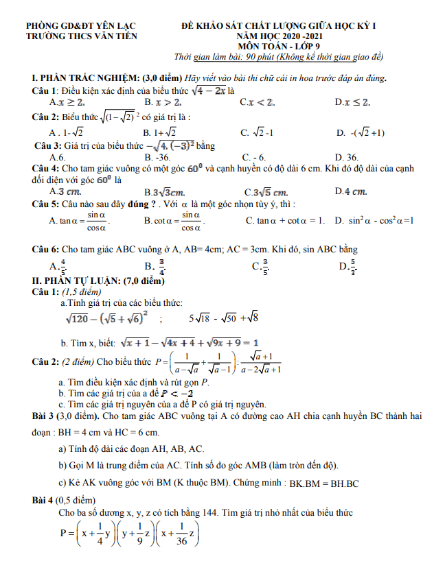 Đề thi giữa học kì 1 (HK1) lớp 9 môn Toán năm 2020 2021 trường THCS Văn Tiến Vĩnh Phúc