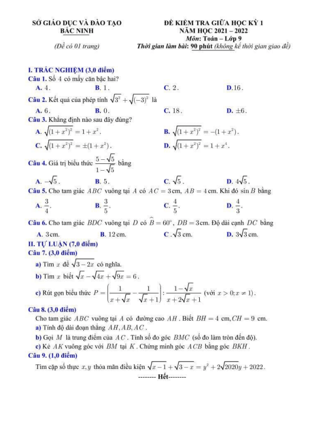Đề thi giữa học kì 1 (HK1) lớp 9 môn Toán năm 2021 2022 sở GD ĐT Bắc Ninh