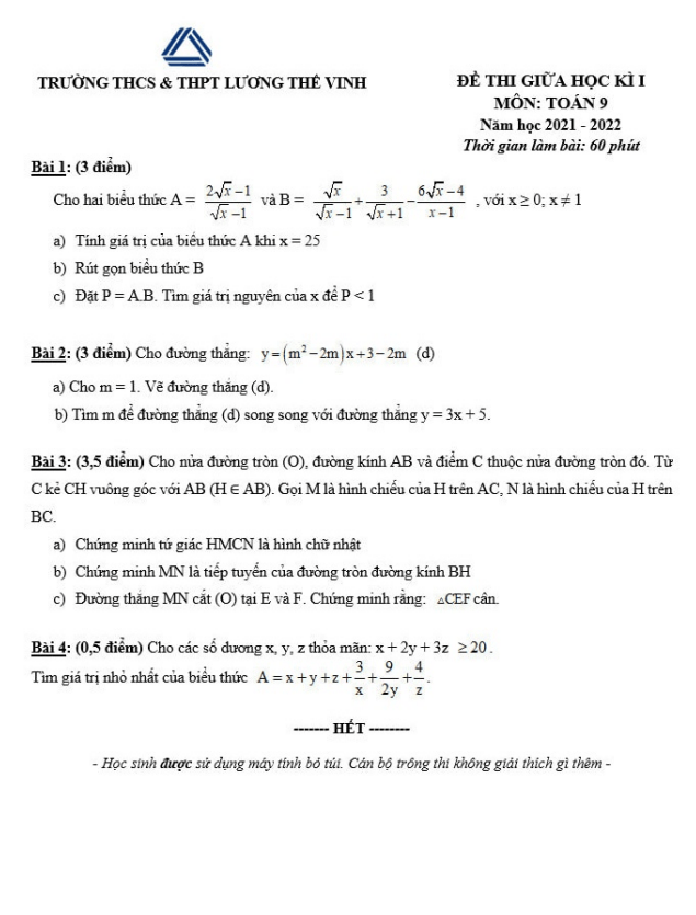 Đề thi giữa học kì 1 (HK1) lớp 9 môn Toán năm 2021 2022 trường Lương Thế Vinh Hà Nội