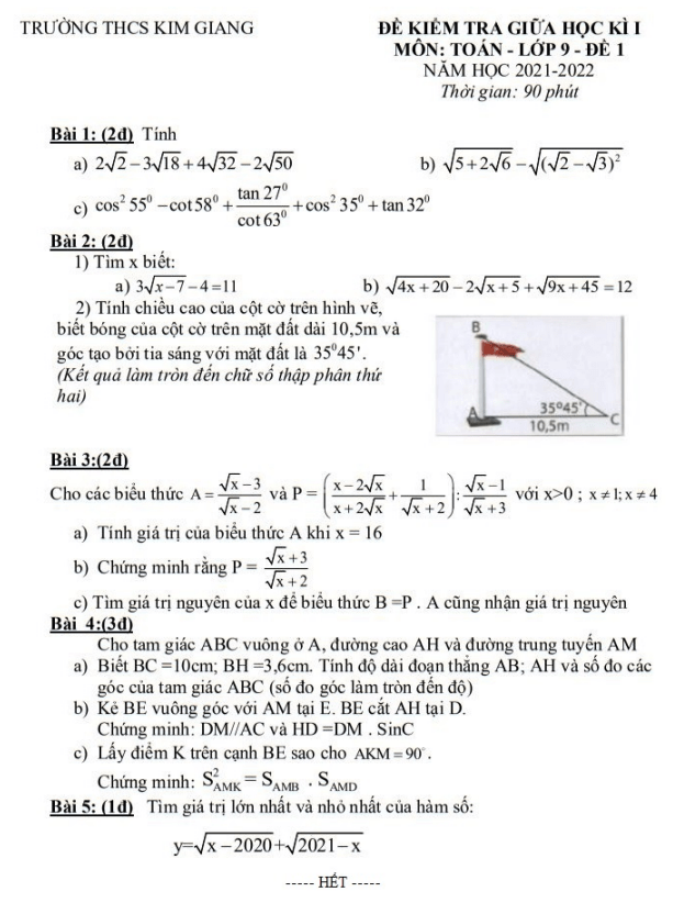 Đề thi giữa học kì 1 (HK1) lớp 9 môn Toán năm 2021 2022 trường THCS Kim Giang Hà Nội