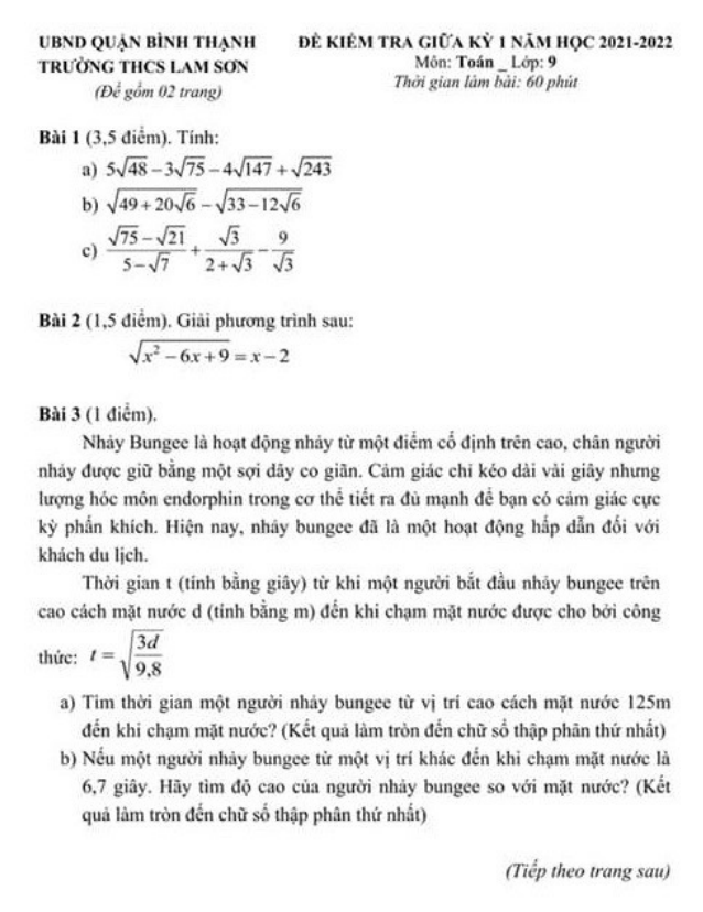 Đề thi giữa học kì 1 (HK1) lớp 9 môn Toán năm 2021 2022 trường THCS Lam Sơn TP HCM