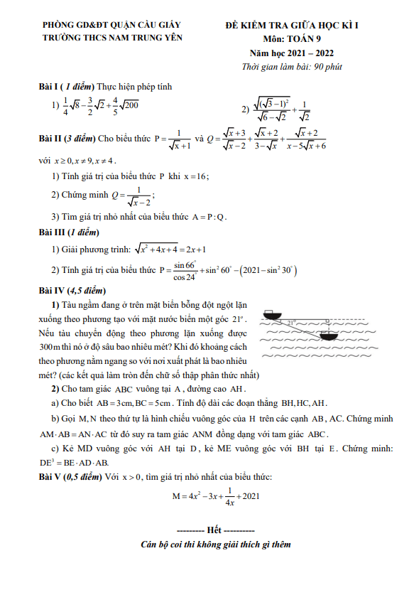 Đề thi giữa học kì 1 (HK1) lớp 9 môn Toán năm 2021 2022 trường THCS Nam Trung Yên Hà Nội