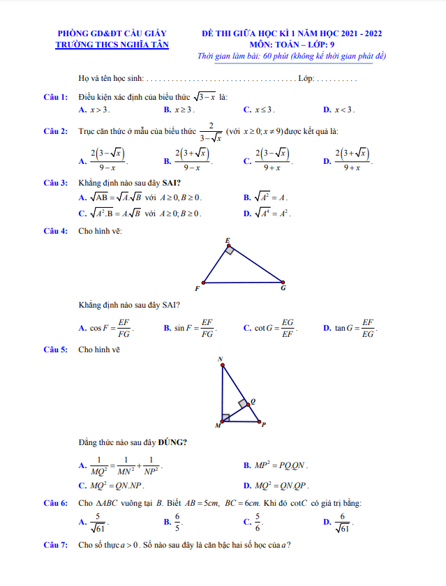 Đề thi giữa học kì 1 (HK1) lớp 9 môn Toán năm 2021 2022 trường THCS Nghĩa Tân Hà Nội