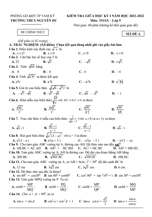 Đề thi giữa học kì 1 (HK1) lớp 9 môn Toán năm 2021 2022 trường THCS Nguyễn Du Quảng Nam