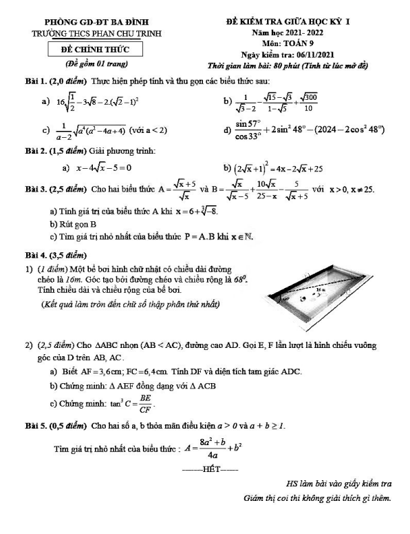 Đề thi giữa học kì 1 (HK1) lớp 9 môn Toán năm 2021 2022 trường THCS Phan Chu Trinh Hà Nội