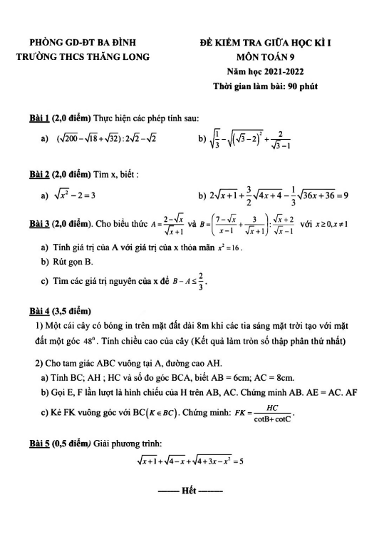 Đề thi giữa học kì 1 (HK1) lớp 9 môn Toán năm 2021 2022 trường THCS Thăng Long Hà Nội