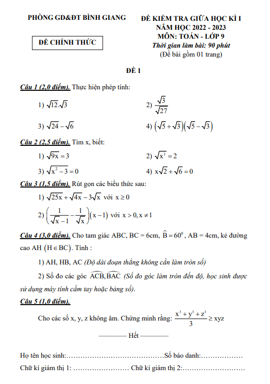 Đề thi giữa học kì 1 (HK1) lớp 9 môn Toán năm 2022 2023 phòng GD ĐT Bình Giang Hải Dương