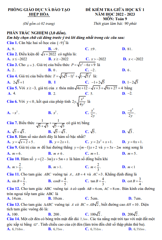 Đề thi giữa học kì 1 (HK1) lớp 9 môn Toán năm 2022 2023 phòng GD ĐT Hiệp Hòa Bắc Giang