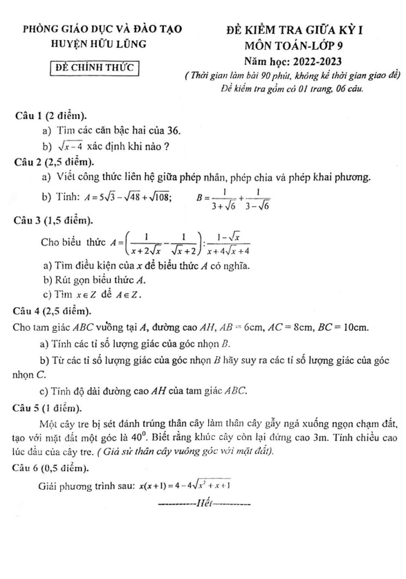 Đề thi giữa học kì 1 (HK1) lớp 9 môn Toán năm 2022 2023 phòng GD ĐT Hữu Lũng Lạng Sơn