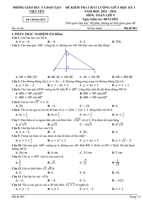Đề thi giữa học kì 1 (HK1) lớp 9 môn Toán năm 2022 2023 phòng GD ĐT Việt Yên Bắc Giang