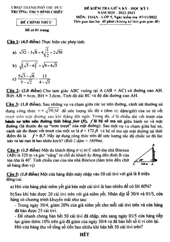 Đề thi giữa học kì 1 (HK1) lớp 9 môn Toán năm 2022 2023 trường THCS Bình Chiểu TP HCM