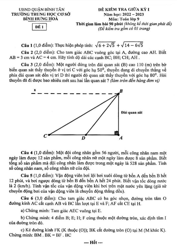 Đề thi giữa học kì 1 (HK1) lớp 9 môn Toán năm 2022 2023 trường THCS Bình Hưng Hòa TP HCM