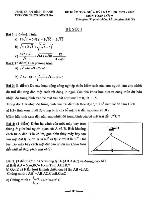 Đề thi giữa học kì 1 (HK1) lớp 9 môn Toán năm 2022 2023 trường THCS Đống Đa TP HCM