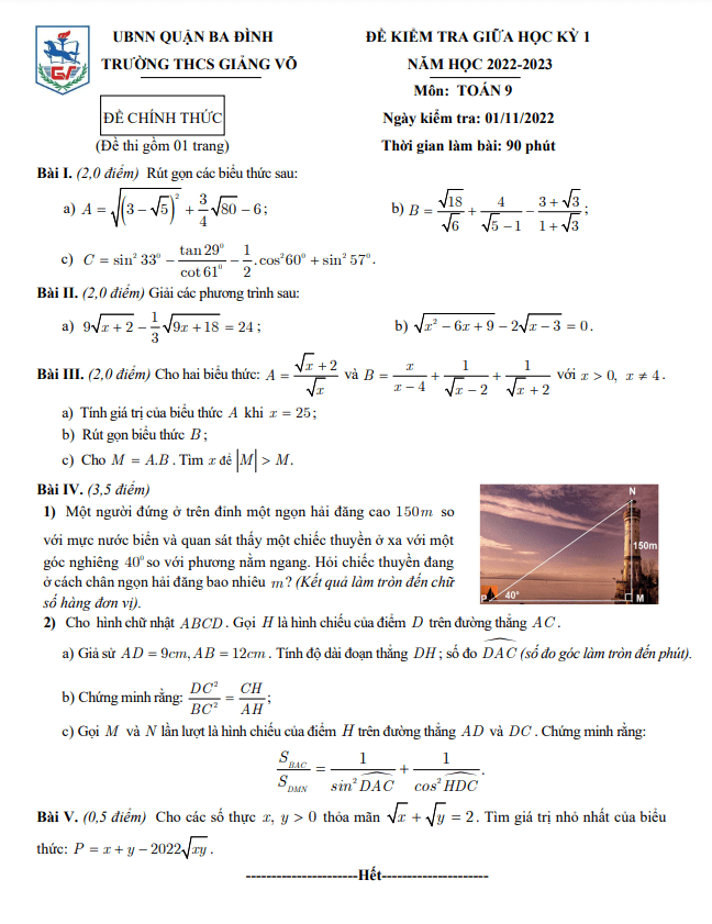 Đề thi giữa học kì 1 (HK1) lớp 9 môn Toán năm 2022 2023 trường THCS Giảng Võ Hà Nội