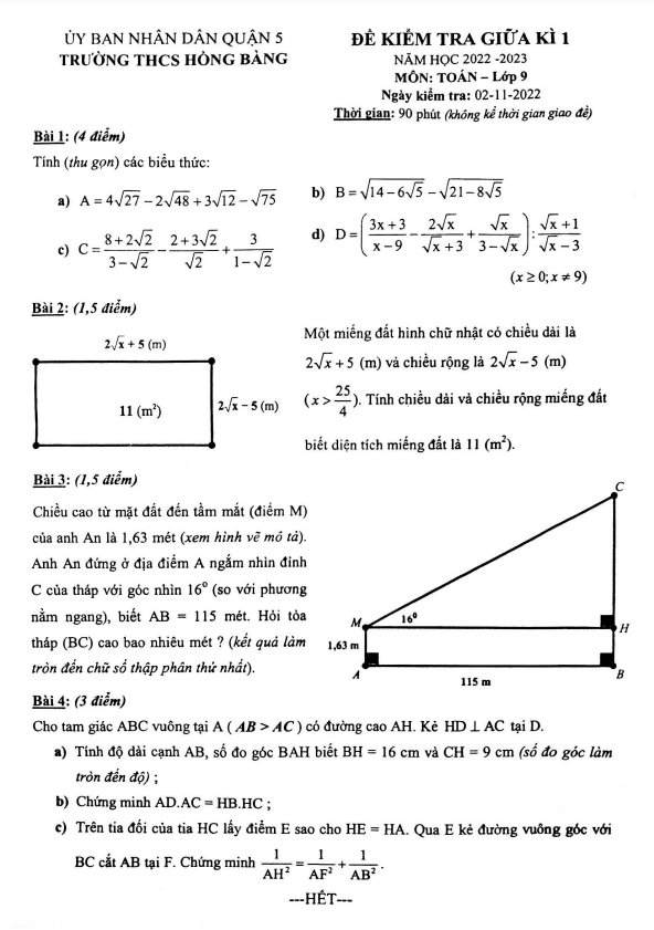Đề thi giữa học kì 1 (HK1) lớp 9 môn Toán năm 2022 2023 trường THCS Hồng Bàng TP HCM
