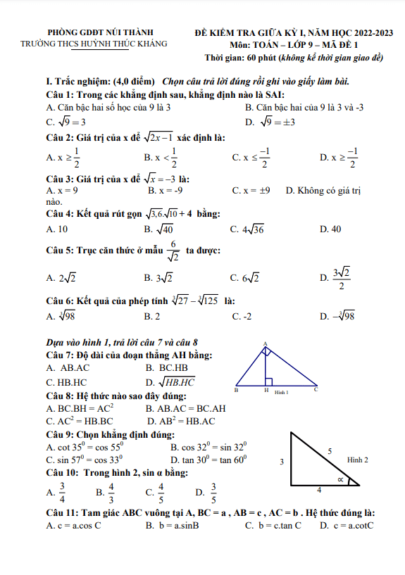 Đề thi giữa học kì 1 (HK1) lớp 9 môn Toán năm 2022 2023 trường THCS Huỳnh Thúc Kháng Quảng Nam