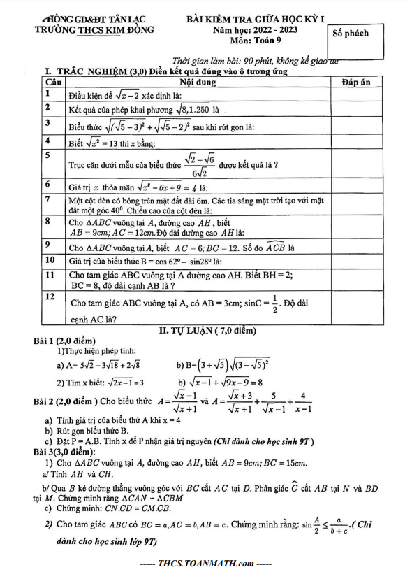 Đề thi giữa học kì 1 (HK1) lớp 9 môn Toán năm 2022 2023 trường THCS Kim Đồng Hòa Bình