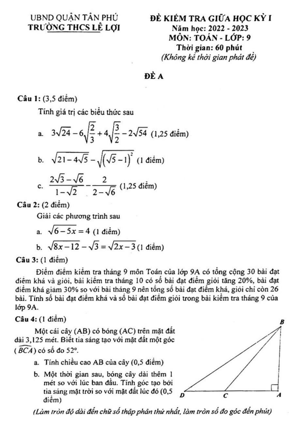 Đề thi giữa học kì 1 (HK1) lớp 9 môn Toán năm 2022 2023 trường THCS Lê Lợi TP HCM