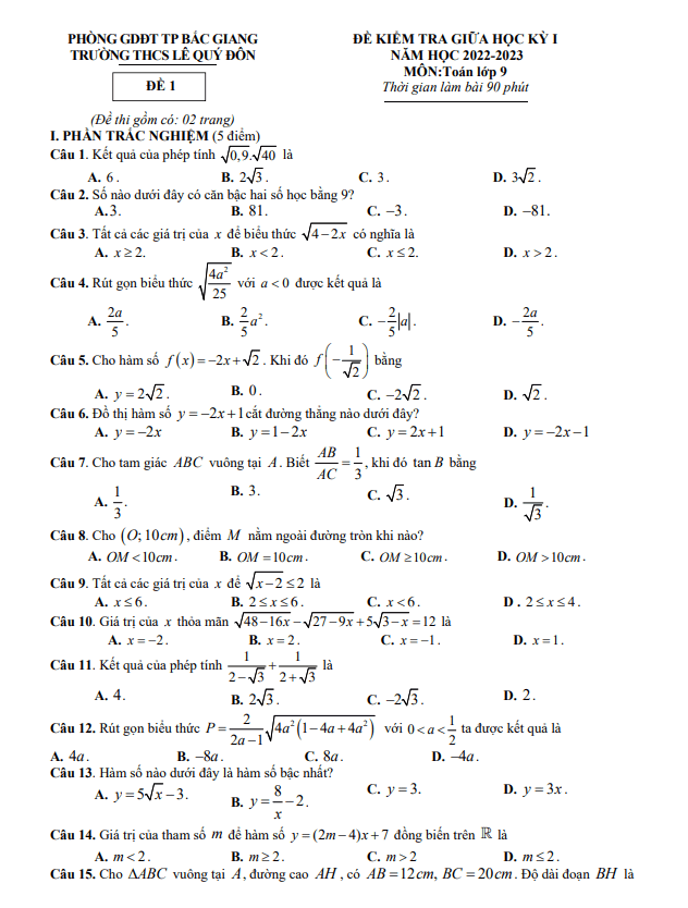Đề thi giữa học kì 1 (HK1) lớp 9 môn Toán năm 2022 2023 trường THCS Lê Quý Đôn Bắc Giang