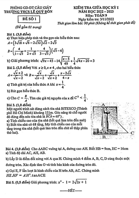 Đề thi giữa học kì 1 (HK1) lớp 9 môn Toán năm 2022 2023 trường THCS Lê Quý Đôn Hà Nội