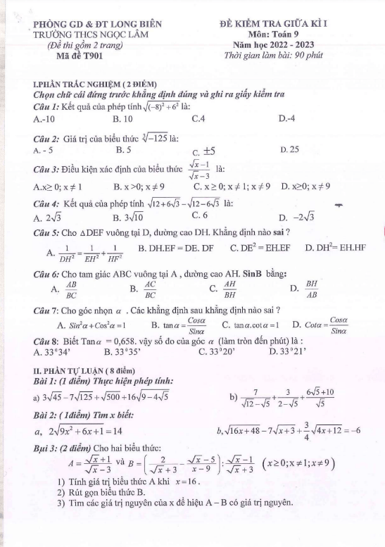 Đề thi giữa học kì 1 (HK1) lớp 9 môn Toán năm 2022 2023 trường THCS Ngọc Lâm Hà Nội