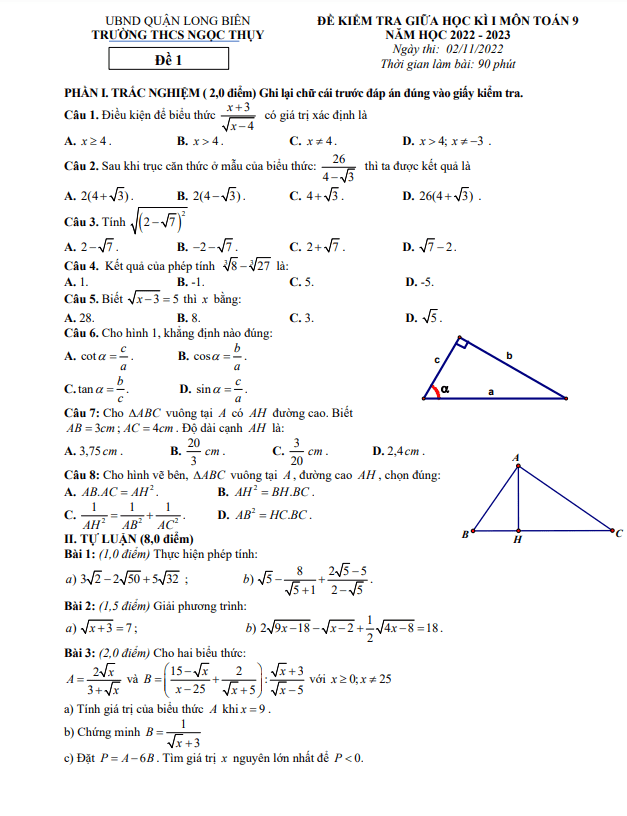 Đề thi giữa học kì 1 (HK1) lớp 9 môn Toán năm 2022 2023 trường THCS Ngọc Thụy Hà Nội