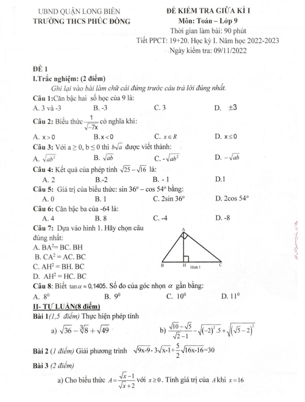 Đề thi giữa học kì 1 (HK1) lớp 9 môn Toán năm 2022 2023 trường THCS Phúc Đồng Hà Nội
